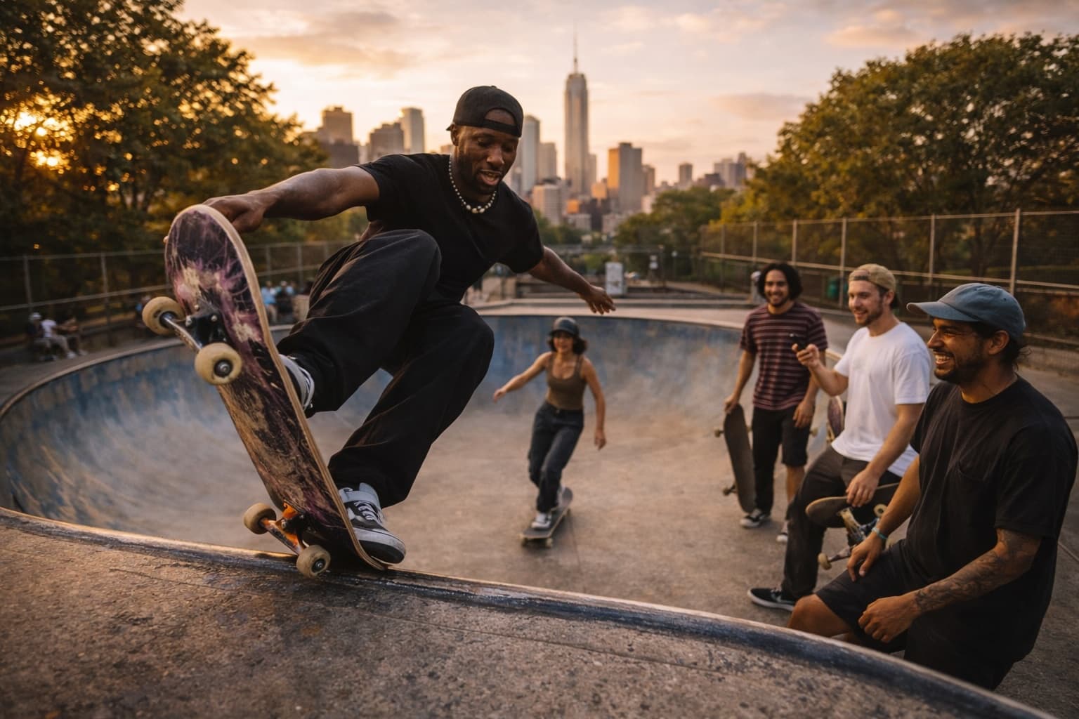 Leon Toppin skating in a bowl, mid-trick