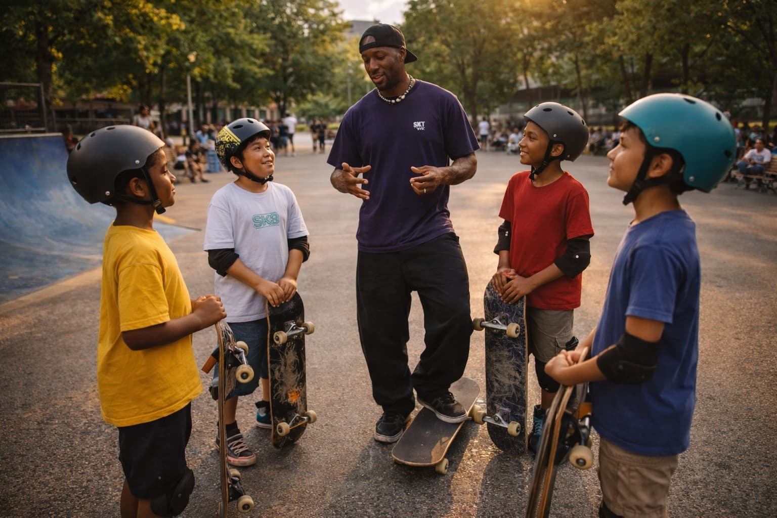 Leon talking with a group of young skaters at a skate park