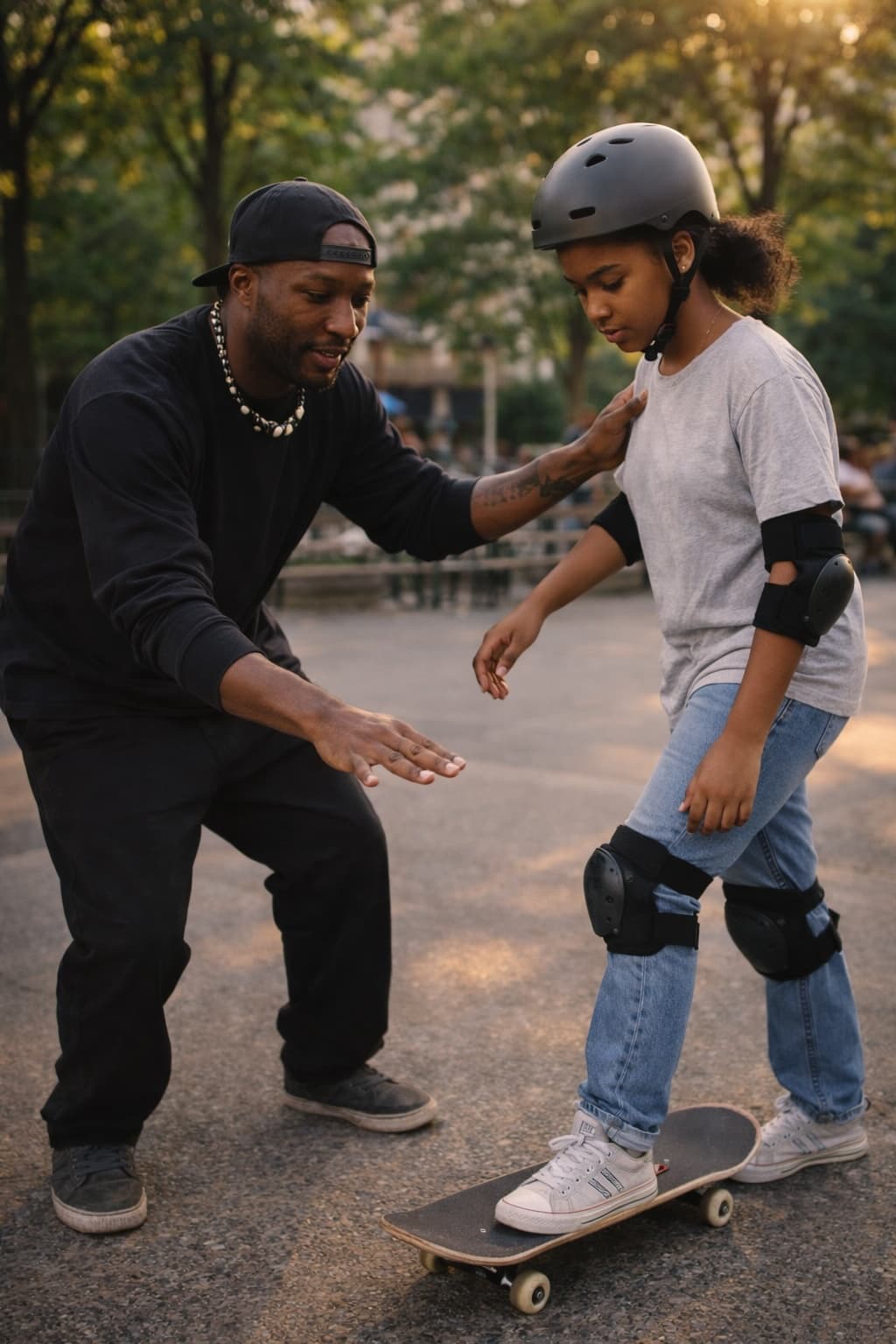 Leon teaching a young student to skateboard in a NYC park