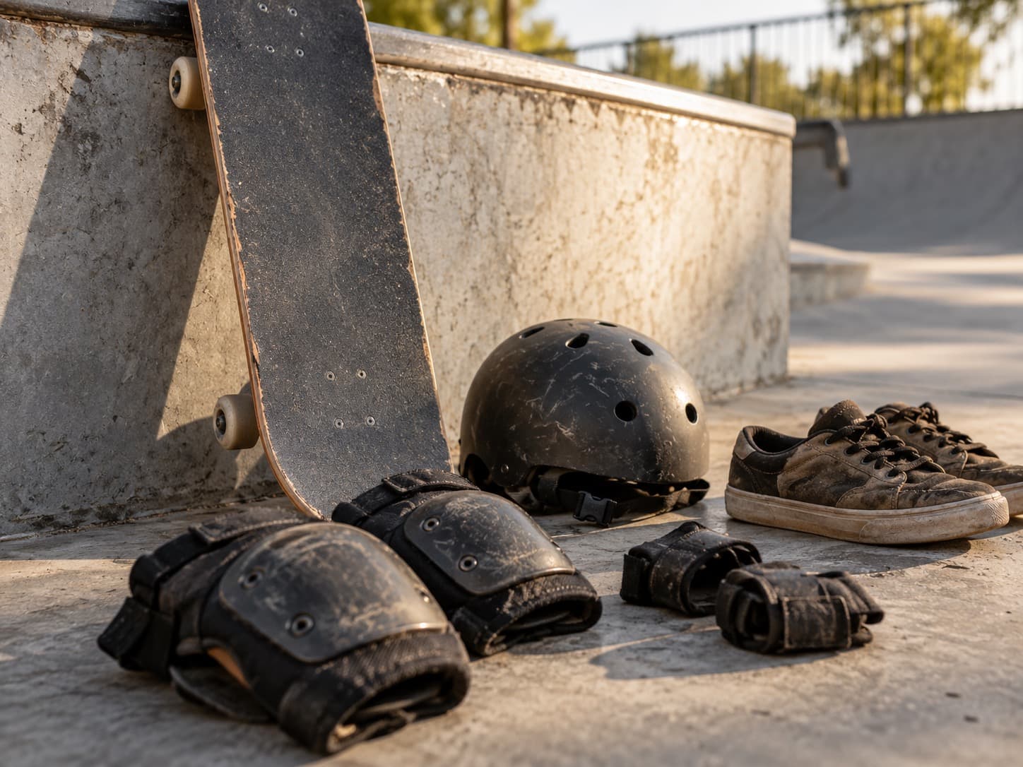 Skateboard leaning against a ledge with protective gear at a skatepark