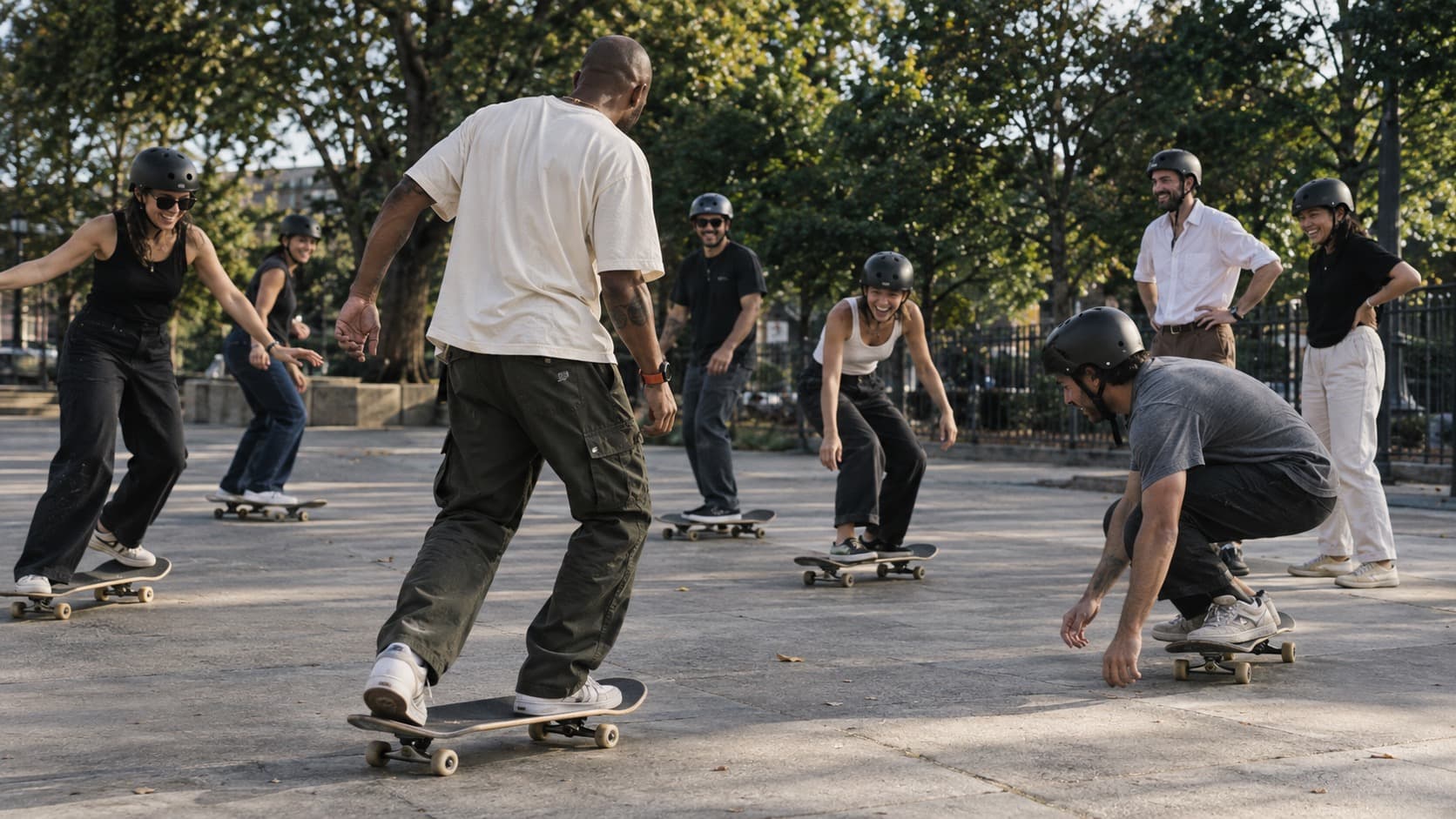 A group of adults learning to skateboard together during a corporate team-building event in a park