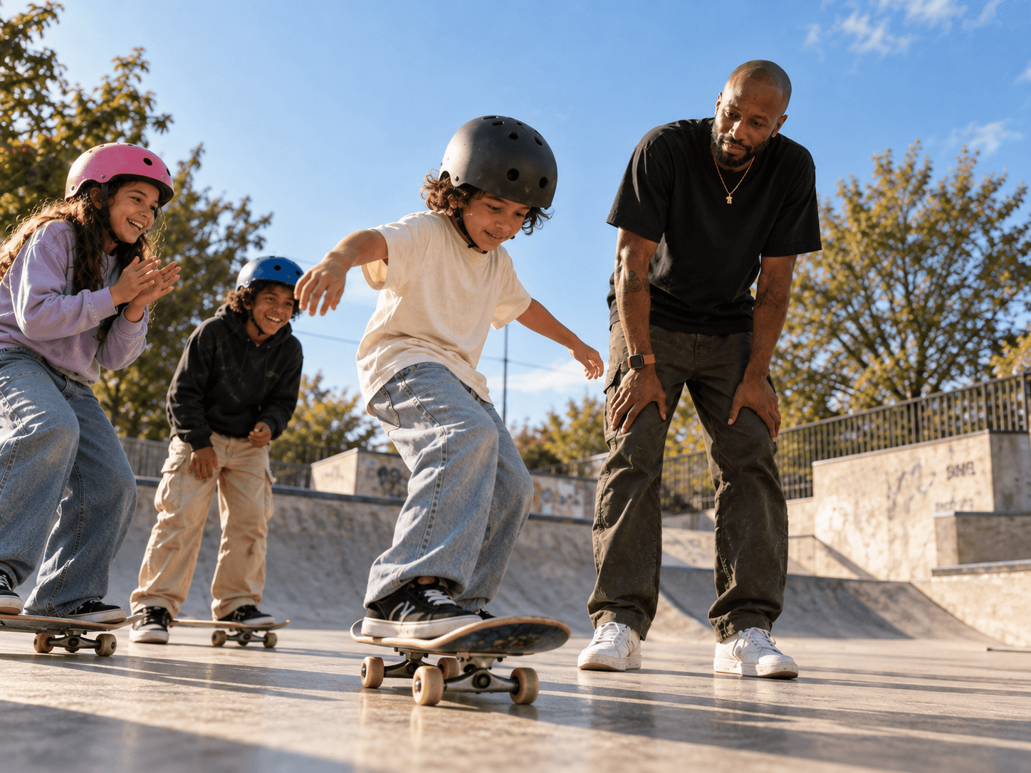 Group of kids learning to skateboard with an instructor at a skatepark