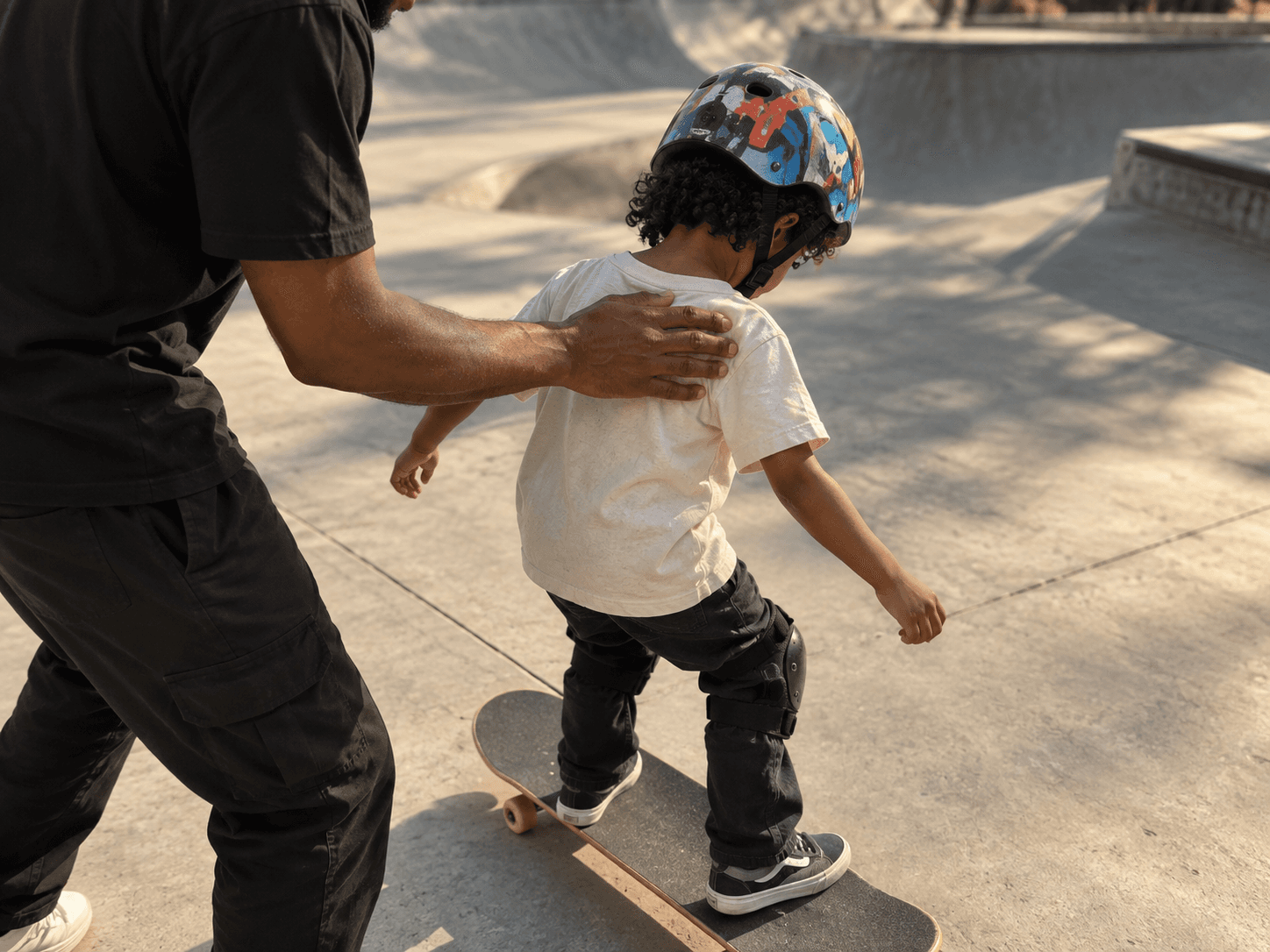 Instructor steadying a young child learning to stand on a skateboard